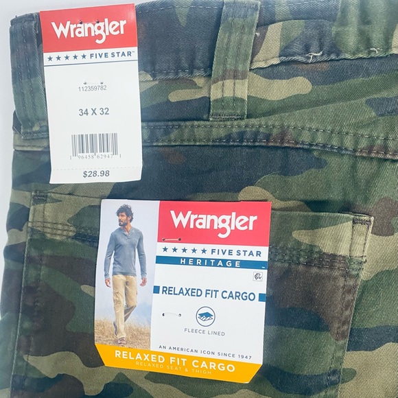 Wrangler, Green Camo, Mens 34x32 Straight Leg Fleece Lined Cargo Pants-NWT - Picture 12 of 12